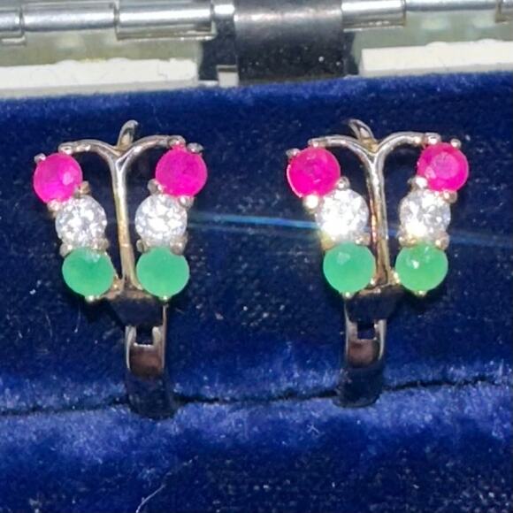 Vintage solid 9kt gold red lab ruby clear green cubic zirconia hoop earrings - Picture 4 of 10